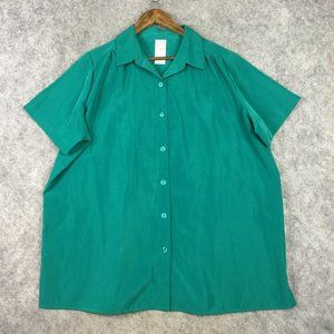 Roamans Top L 1X 18 20 Short Sleeve Button Up Collared Solid Green Career Casual